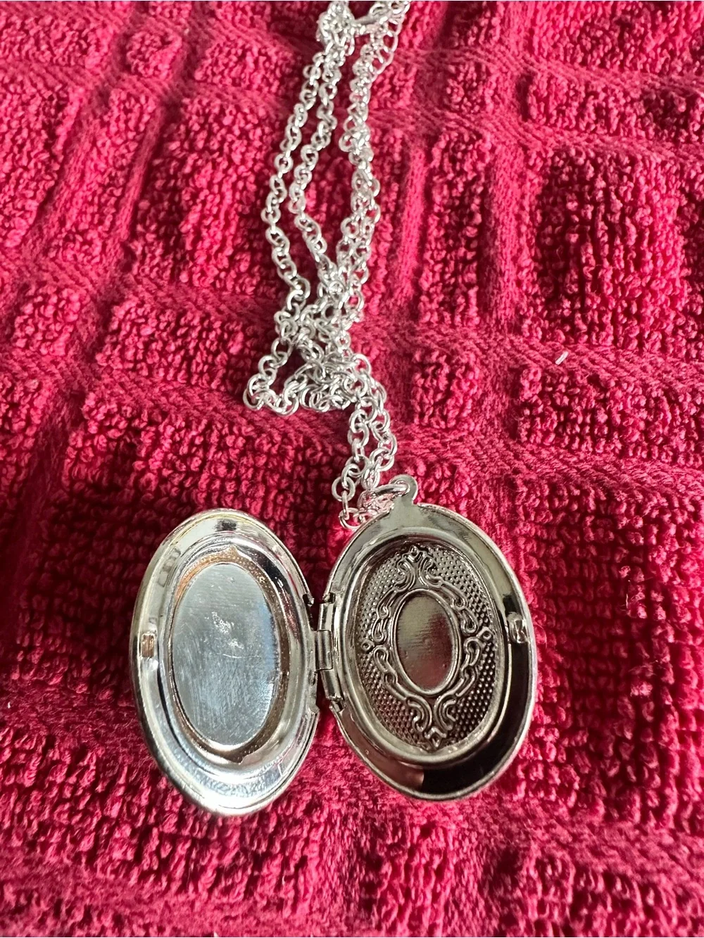 Silver-Tone Oval Locket Necklace with Pink Rose Motif